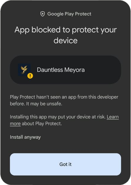 Google Play Protect says the app developer is unfamiliar. The screen offers Install anyway and Got it.